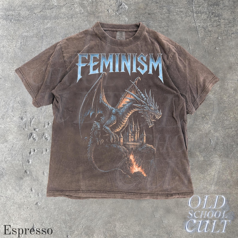 May include: Espresso-colored t-shirt featuring the word "FEMINISM" in a stylized font above a detailed illustration of a dragon perched in front of a castle. The dragon is blue and the castle is a light tan color. The shirt has a vintage look.