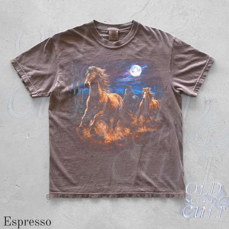 Wild Horses Vintage 90s Graphic T-Shirt, Retro Moonlit Running Horse Tee Espresso