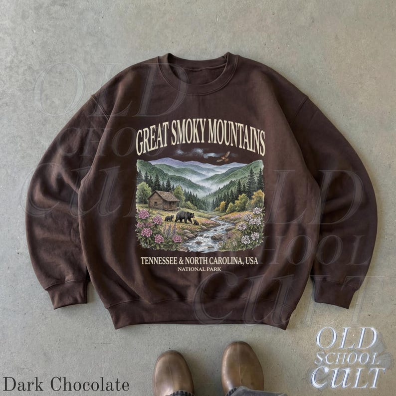 Great Smoky Mountains Sweatshirt, National Park Crewneck, Tennessee North Carolina Pullover, Vintage Nature Graphic Sweater Dark Chocolate