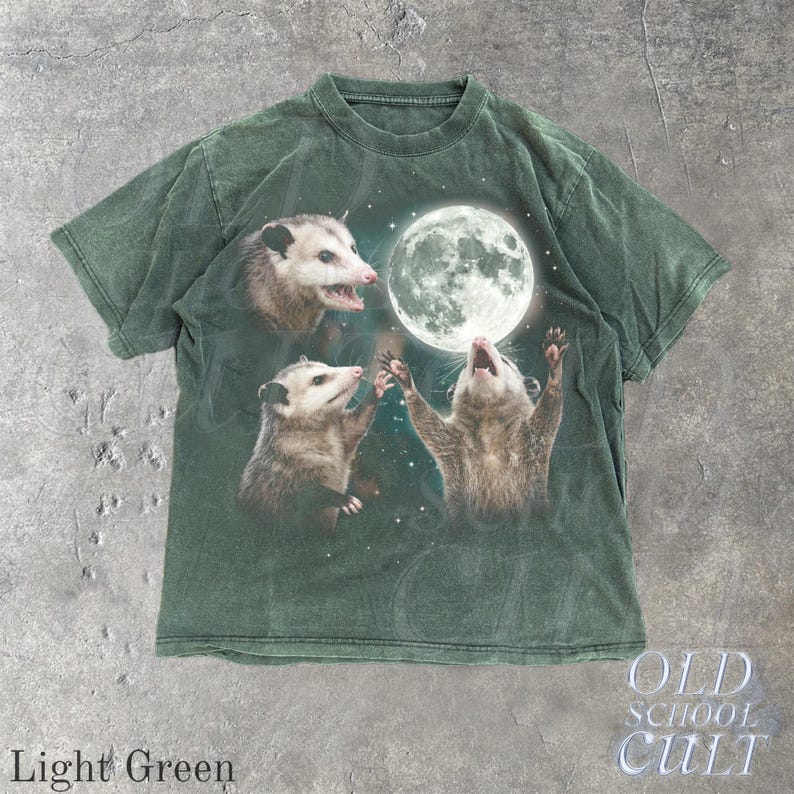 Opossum Howling at Moon Vintage 90s Graphic T Shirt, Retro Possum Silly Gift Light Green