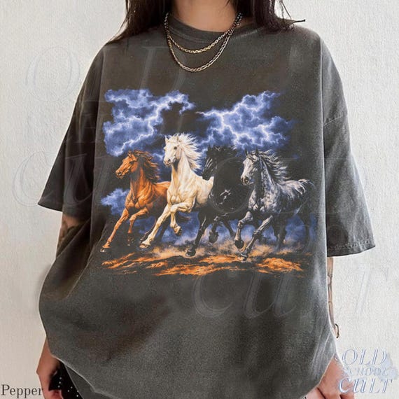 Running Horses Vintage 90s Graphic T-shirt, Retro Lightning Storm