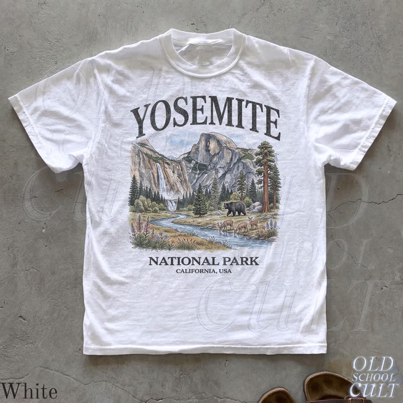 Camiseta vintage com estampa do Parque Nacional de Yosemite dos anos 90, modelo retrô Comfort Colors® com urso da vida selvagem da Califórnia, unissex. White