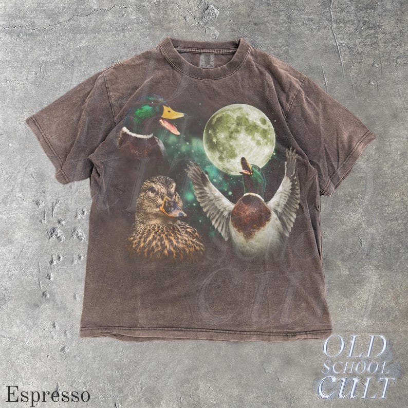 Mallard Duck Moon Vintage Graphic T Shirt, Retro Wildlife Bird Tee, Hunting Nature Gift Espresso