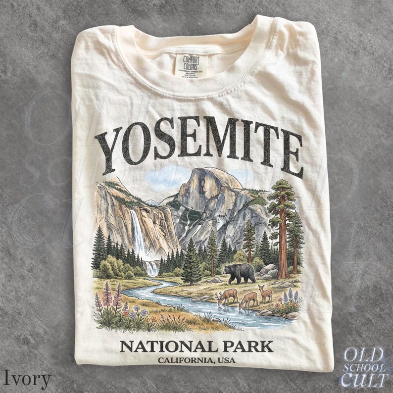 Camiseta vintage com estampa do Parque Nacional de Yosemite dos anos 90, modelo retrô Comfort Colors® com urso da vida selvagem da Califórnia, unissex. Ivory