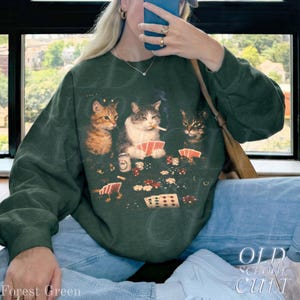 Poker Cats 90s Sweatshirt, Vintage Gambling Cat Crewneck, Retro Card Game Shirt, Casino Cat Lover Gift, Cool Cat Graphic Pullover image 5