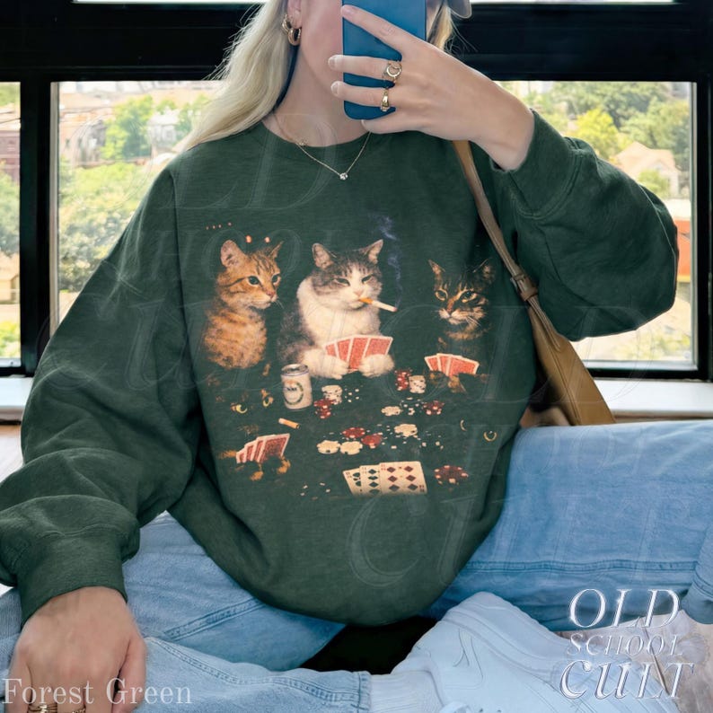 Poker Cats 90s Sweatshirt, Vintage Gambling Cat Crewneck, Retro Card Game Shirt, Casino Cat Lover Gift, Cool Cat Graphic Pullover image 5