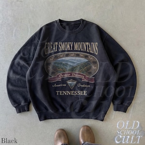 Retro Great Smoky Mountains Tennessee Sweatshirt, Vintage 90er Jahre Retro National Park Rundhalsausschnitt, Nostalgie Wandergeschenk Old School Black