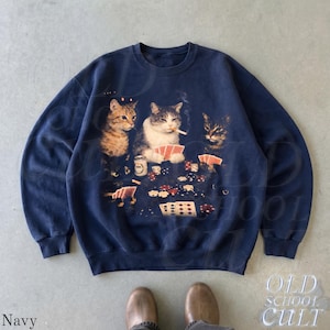 Poker Cats 90s Sweatshirt, Vintage Gambling Cat Crewneck, Retro Card Game Shirt, Casino Cat Lover Gift, Cool Cat Graphic Pullover Navy