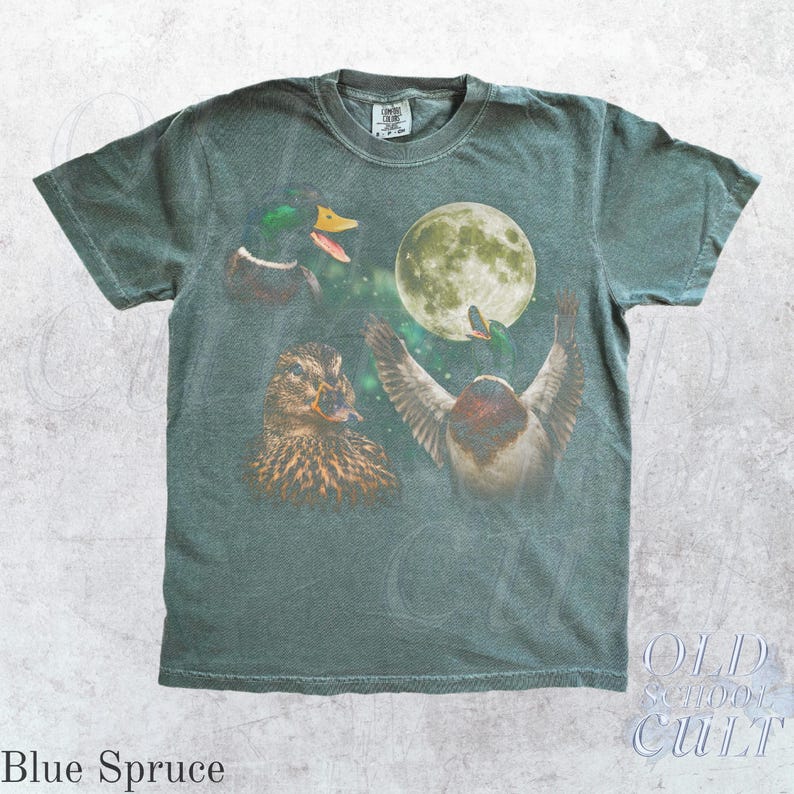 Mallard Duck Moon Vintage Graphic T Shirt, Retro Wildlife Bird Tee, Hunting Nature Gift Blue Spruce
