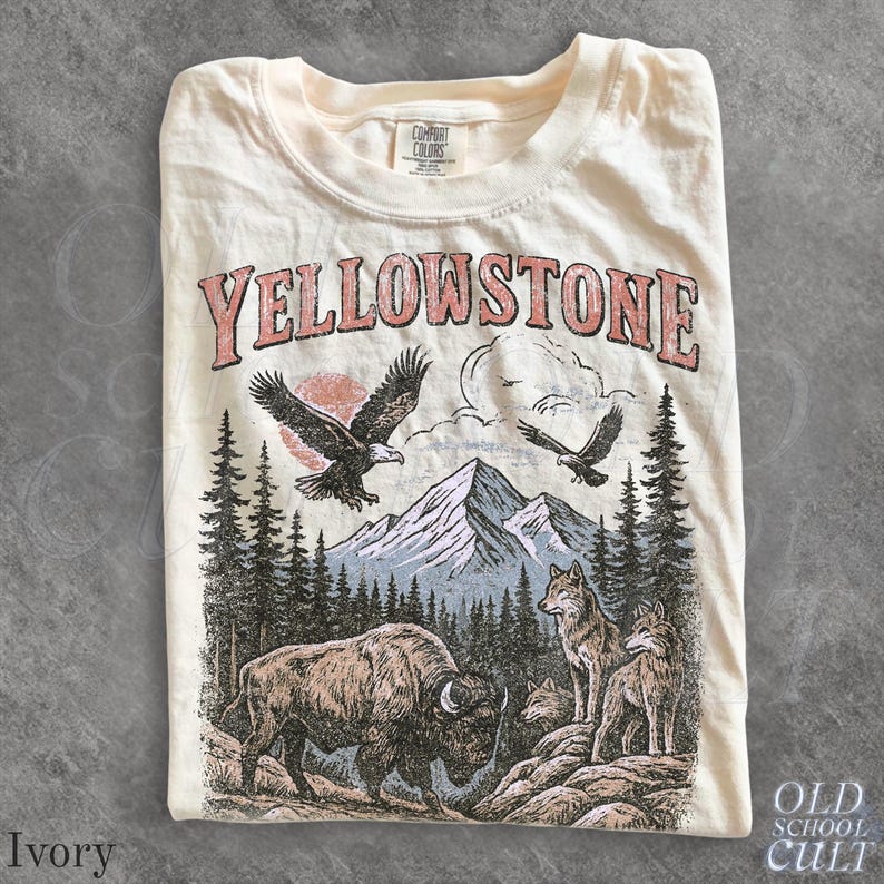 Yellowstone National Park Vintage 90s Stlye T-Shirt, Wildlife Graphic Tee with Bison Wolves Eagles, 90s Hiking Nature Shirt, Comfort Colors® Ivory