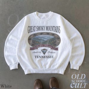 Retro Great Smoky Mountains Tennessee Sweatshirt, Vintage 90er Jahre Retro National Park Rundhalsausschnitt, Nostalgie Wandergeschenk Old School White