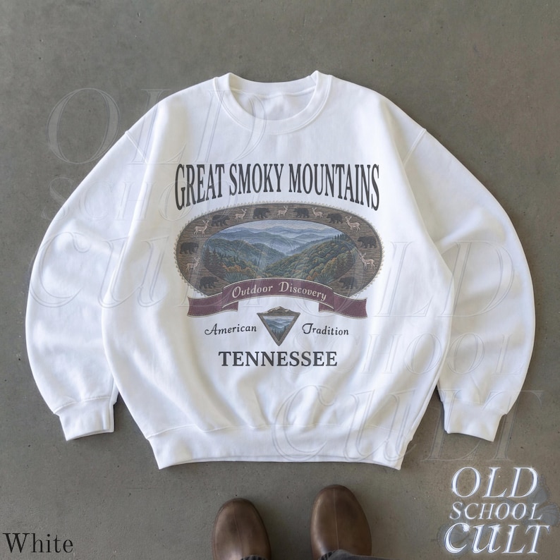 Retro Great Smoky Mountains Tennessee Sweatshirt, Vintage 90er Jahre Retro National Park Rundhalsausschnitt, Nostalgie Wandergeschenk Old School White