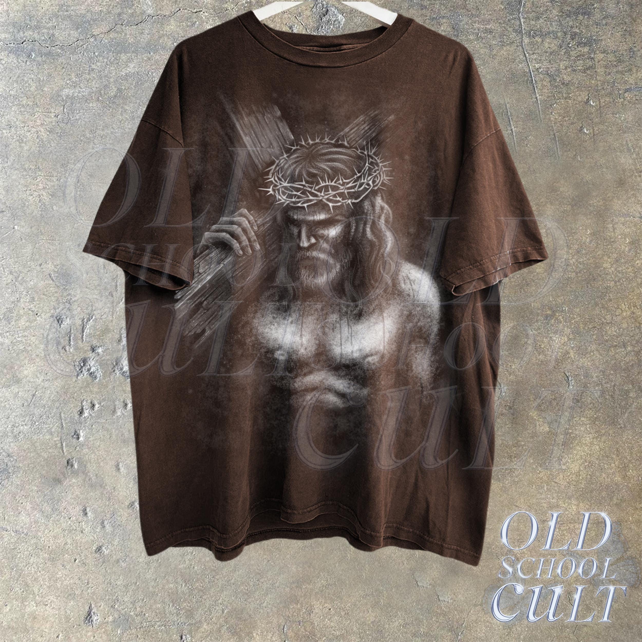 Jesus Holding Cross Vintage Hand Drawn 90s Graphic Shirt, Retro