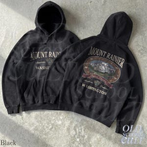 マウントレーニア（ワシントン州）パーカー、ヴィンテージ90年代国立公園ハイキンググラフィックスウェットシャツ Black