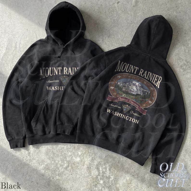 マウントレーニア（ワシントン州）パーカー、ヴィンテージ90年代国立公園ハイキンググラフィックスウェットシャツ Black