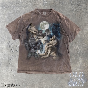 May include: Espresso-colored t-shirt featuring a graphic of wolves under a full moon. The design includes a werewolf and several wolf figures in various poses. The text "OLD SCHOOL CULT" is visible on the bottom right.
