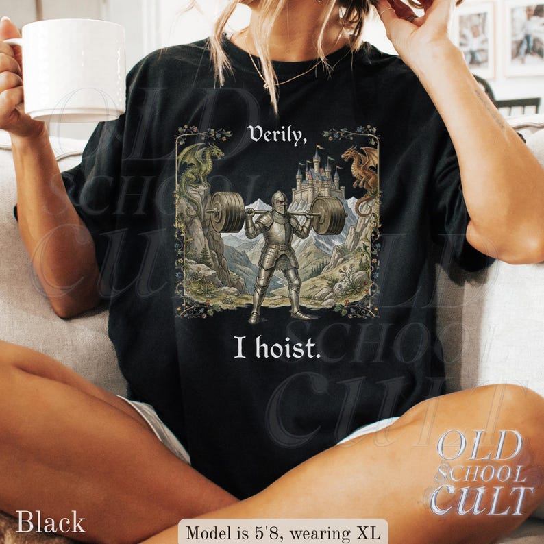 Verily I Hoist Mittelalter Vintage 90er Jahre Grafik-T-Shirt, Retro Comfort Colors® Lustiges Fitnessstudio Fantasy Unisex-Shirt Black
