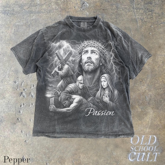 Passion of Christ Vintage Graphic Shirt, Retro Comfort Colors® Jesus Crucifixion Art Tee, Washed Black Religious Shirt, Christian Aesthetic