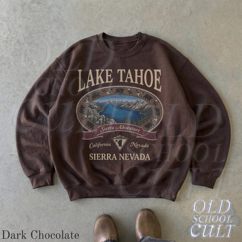 Retro Lake Tahoe Sierra Nevada Sweatshirt, Vintage 90s California Nevada Mountain Crewneck, Nostalgia Hiking Old School Gift Dark Chocolate