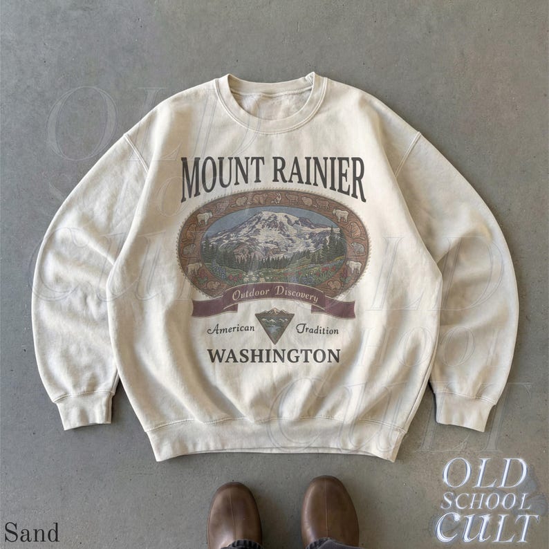 Retro Mount Rainier Washington Sweatshirt, Vintage 90s American Tradition Pacific Northwest Crewneck, Nostalgia Hiking Old School Gift Sand