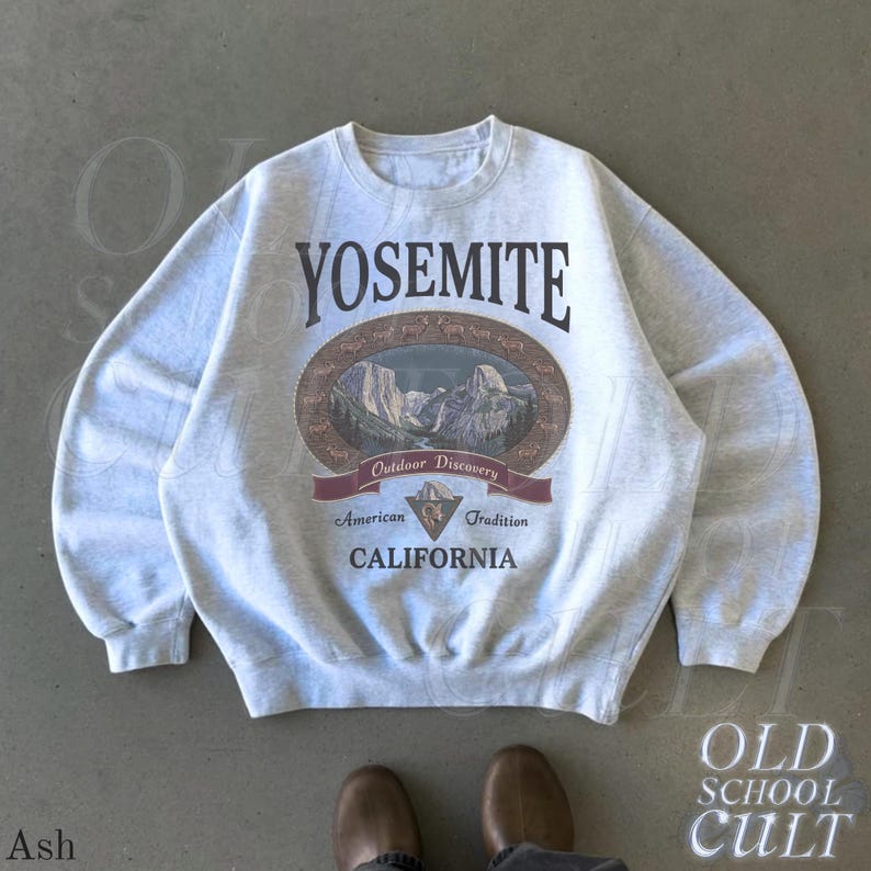 Retro Yosemite National Park Sweatshirt, Vintage 90s California Wildlife Graphic Crewneck, Nostalgia Hiking Old School Gift Ash