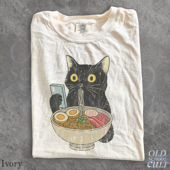 Cat Rahmen Unisex T-shirt, Cat Eating Ramen Funny Shirt, Graphic Tee for Cat Lovers, Vintage Kitty Top, Cool Casual Cat Print Shirt