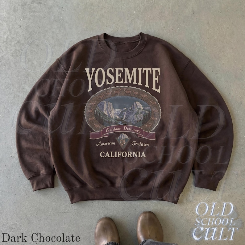 Retro Yosemite National Park Sweatshirt, Vintage 90s California Wildlife Graphic Crewneck, Nostalgia Hiking Old School Gift Dark Chocolate