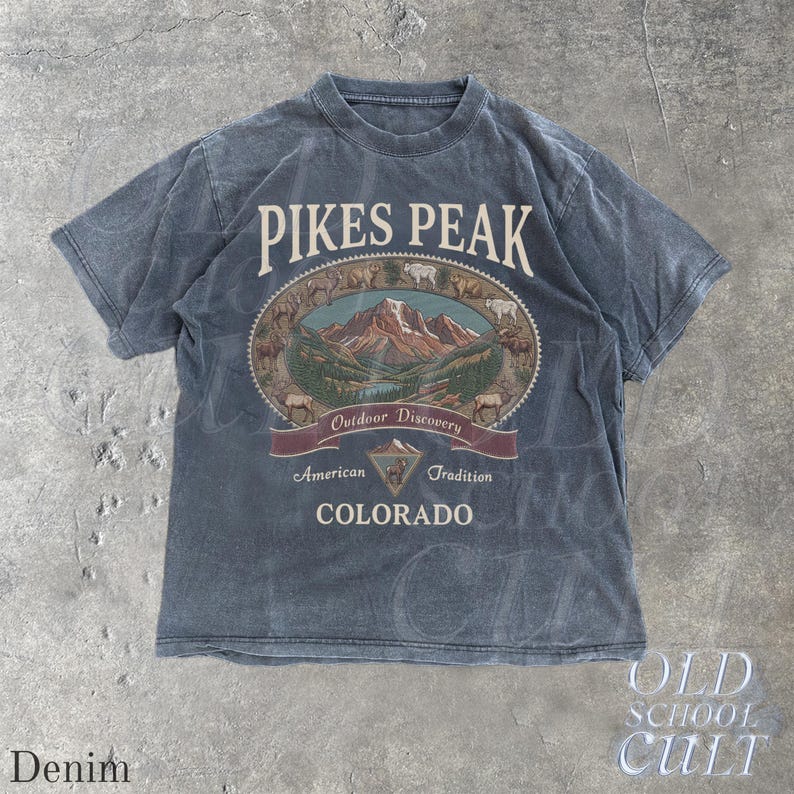 Vintage Pikes Peak Colorado Graphic Tshirt, Retro Comfort Colors® Mountain Outdoor 90s Nostalgia Camping Unisex Shirt Denim