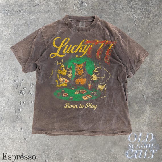 Lucky 777 Poker Dog Vintage Graphic T-shirts, Retro Casino