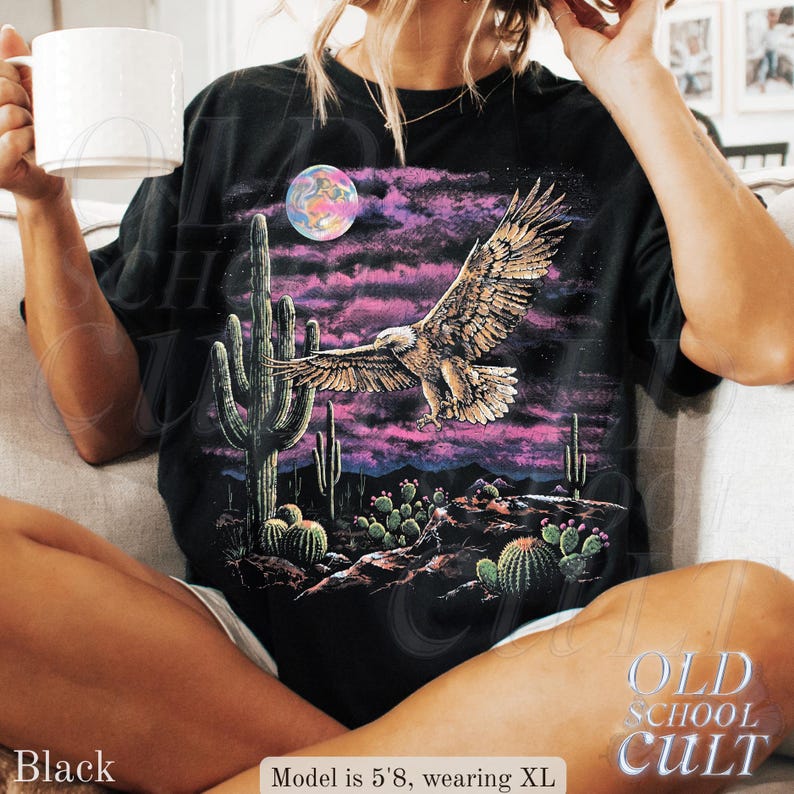 Vintage Eagle Desert T Shirt, Washed Black Western Graphic Tee, Cactus Moon Wildlife Shirt, Retro Southwest Bird Lover Gift Black