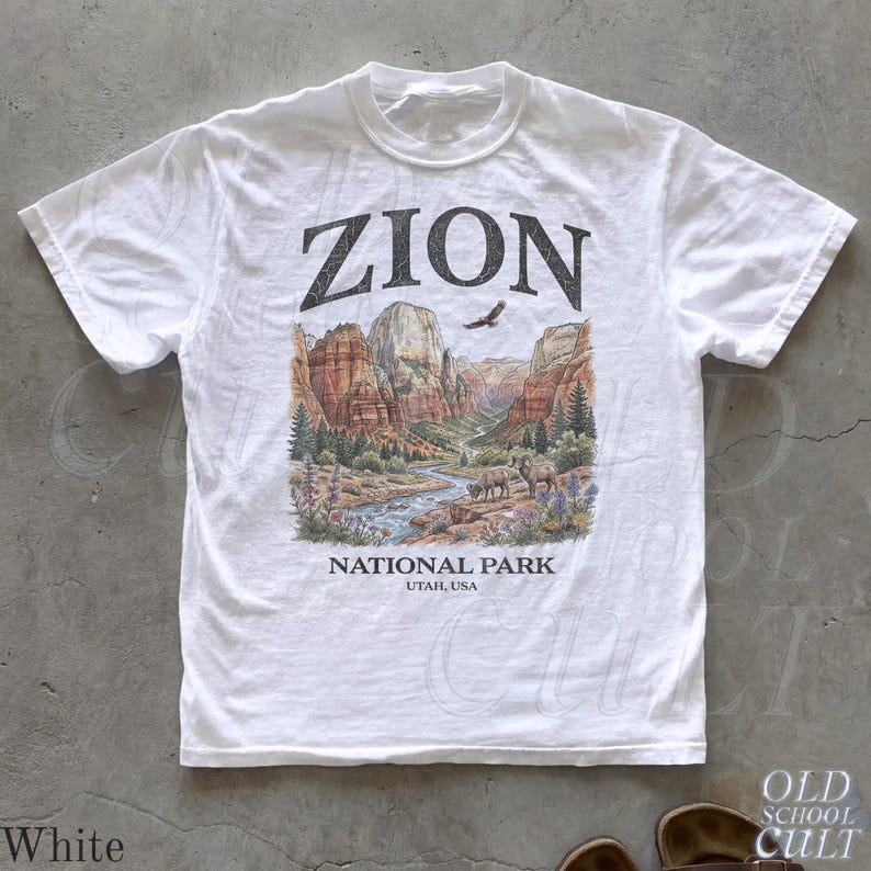 Zion National Park Vintage 90s Graphic T-Shirt, Retro Comfort Colors® Canyon Landscape Utah USA Wildlife Unisex Tee White