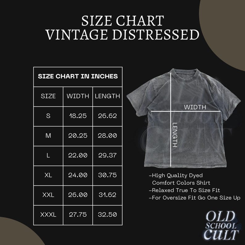 K&ouml;nnte beinhalten: Gr&ouml;&szlig;entabelle f&uuml;r ein Vintage-T-Shirt mit Used-Look in verschiedenen Gr&ouml;&szlig;en von S bis XXXL. Die Tabelle zeigt die Breite und L&auml;nge in Zoll f&uuml;r jede Gr&ouml;&szlig;e. Der Text "Old School Cult" befindet sich am unteren Rand der Tabelle.