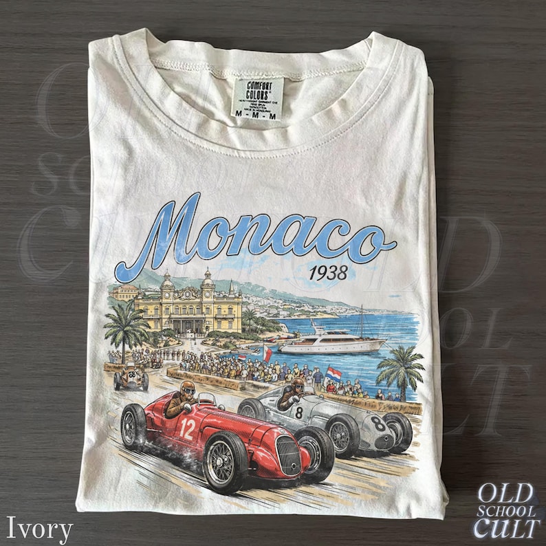 Monaco 1938 Racing Vintage Graphic T Shirt, Retro Grand Prix Motorsport Tee, Classic Car Racing Top Ivory