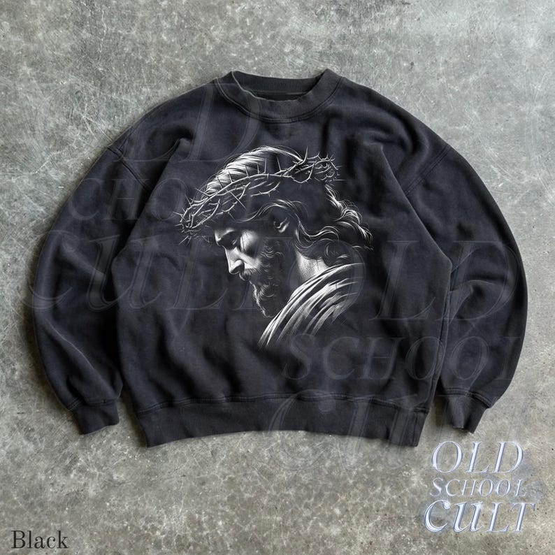 Jesus Crown of Thorns Retro Christian Sweatshirt, Vintage 90s Faith Crewneck, Religious Sweater, Unisex Spiritual Pullover Black