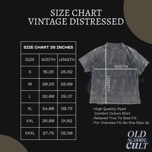 K&ouml;nnte beinhalten: Gr&ouml;&szlig;entabelle f&uuml;r ein Vintage-T-Shirt mit Used-Look in verschiedenen Gr&ouml;&szlig;en von S bis XXXL. Die Tabelle zeigt die Breite und L&auml;nge in Zoll f&uuml;r jede Gr&ouml;&szlig;e. Der Text "Old School Cult" befindet sich am unteren Rand der Tabelle.