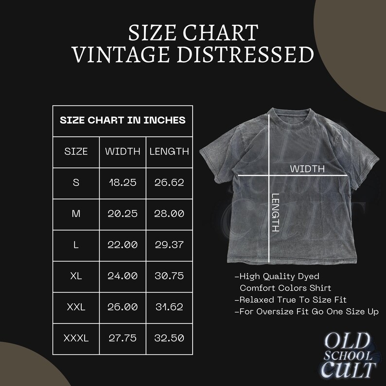 K&ouml;nnte beinhalten: Gr&ouml;&szlig;entabelle f&uuml;r ein Vintage-T-Shirt mit Used-Look in verschiedenen Gr&ouml;&szlig;en von S bis XXXL. Die Tabelle zeigt die Breite und L&auml;nge in Zoll f&uuml;r jede Gr&ouml;&szlig;e. Der Text "Old School Cult" befindet sich am unteren Rand der Tabelle.