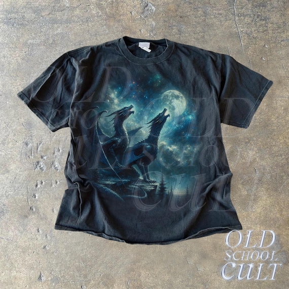 Two Dragon Retro Graphic T-shirts, Vintage Dragon Fantasy Moon
