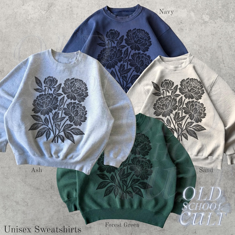 May include: Four unisex sweatshirts in navy, ash, sand, and forest green. Each has a large floral design in a darker shade. The words "Unisex Sweatshirts" are at the bottom left. The brand name "OLD SCHOOL CULT" is visible.