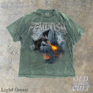 Feminism Dragon Fantasy Vintage Graphic Shirt, Retro Comfort Colors® Dragon Shirt, Feminism Shirt, Dark Art Grunge Castle Dragon Gothic Top Light Green