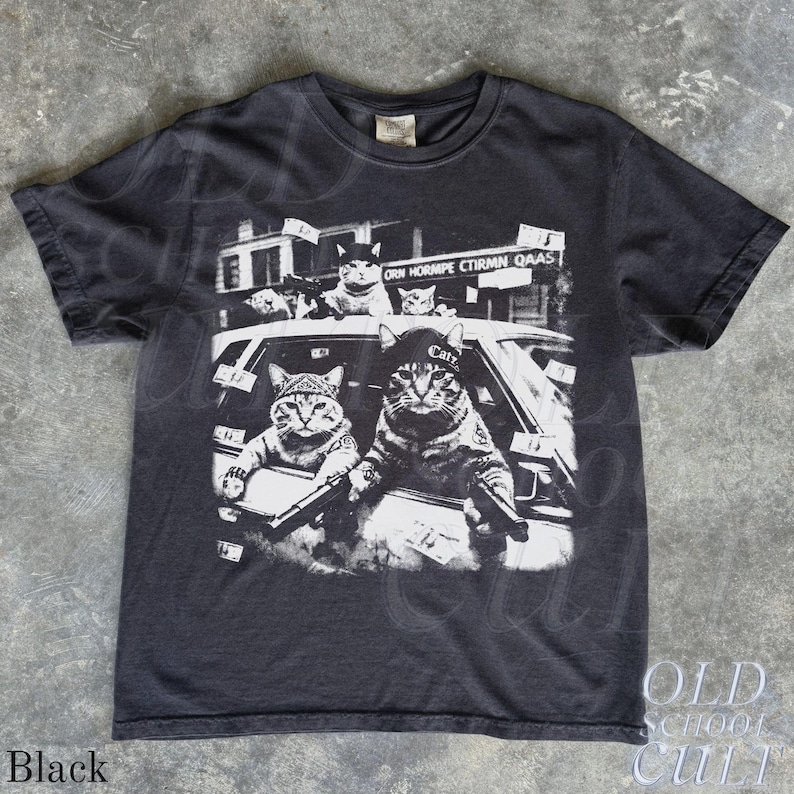 Camiseta com estampa de gatos gangsters, camiseta vintage com gato preto, camiseta retrô streetwear, camiseta divertida com estampa de gato, camiseta unissex oversized e estilosa, presente para amantes de gatos Black