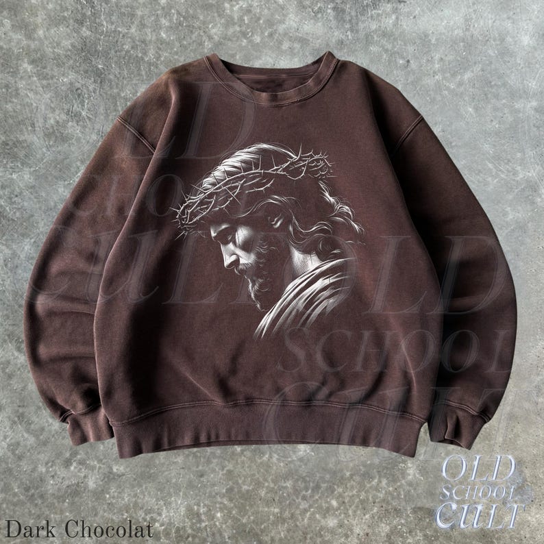 Jesus Crown of Thorns Retro Christian Sweatshirt, Vintage 90s Faith Crewneck, Religious Sweater, Unisex Spiritual Pullover Dark Chocolate