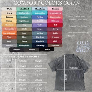 May include: A display of Comfort Colors CC1717 t-shirt colour swatches, a size chart in inches, and a grey t-shirt. The colour swatches include shades like white, black, and blue. The size chart shows width and length measurements for sizes S to XXXL.