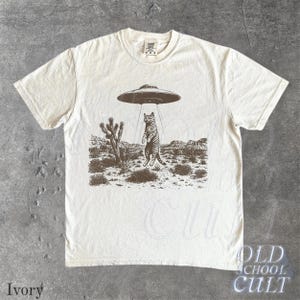 UFO Cat Western T-Shirt, Comfort Colors® Ivory Shirt, Vintage Alien Graphic Tee, Funny Space Cat Top, Retro Sci Fi Gift image 2