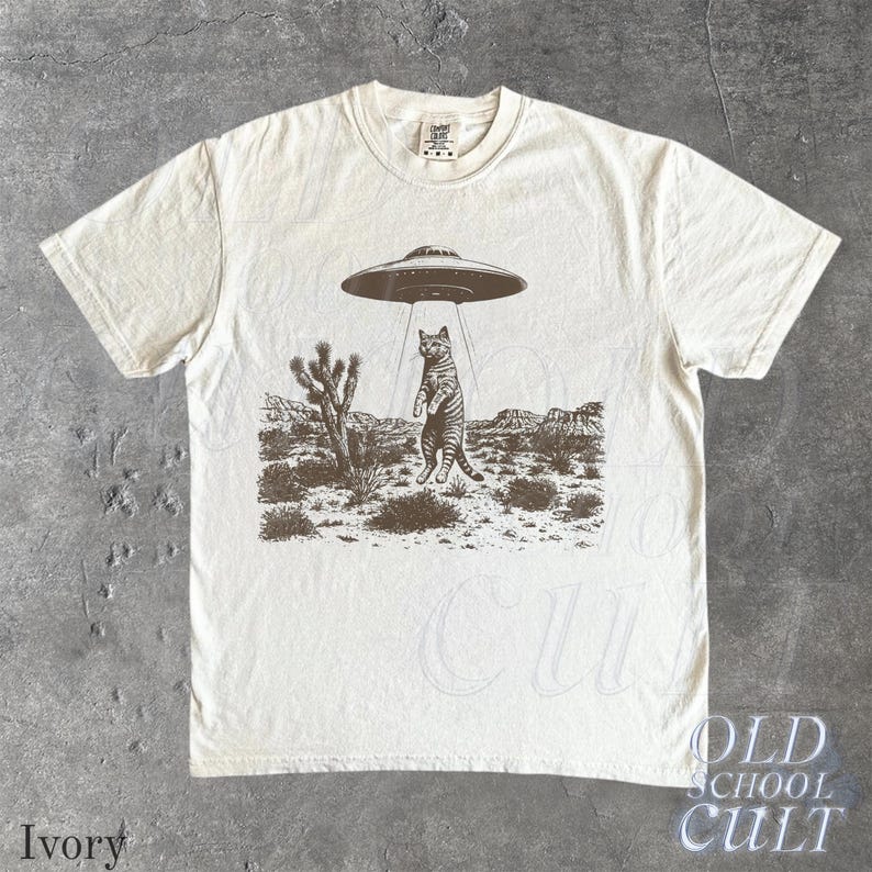 UFO Cat Western T-Shirt, Comfort Colors® Ivory Shirt, Vintage Alien Graphic Tee, Funny Space Cat Top, Retro Sci Fi Gift image 2