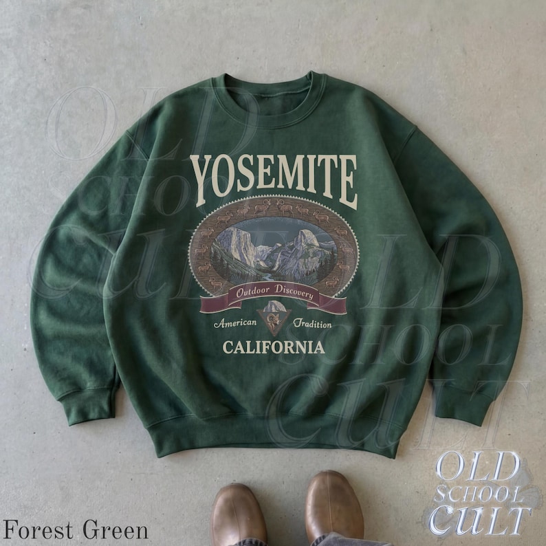 Retro Yosemite National Park Sweatshirt, Vintage 90s California Wildlife Graphic Crewneck, Nostalgia Hiking Old School Gift Forest Green