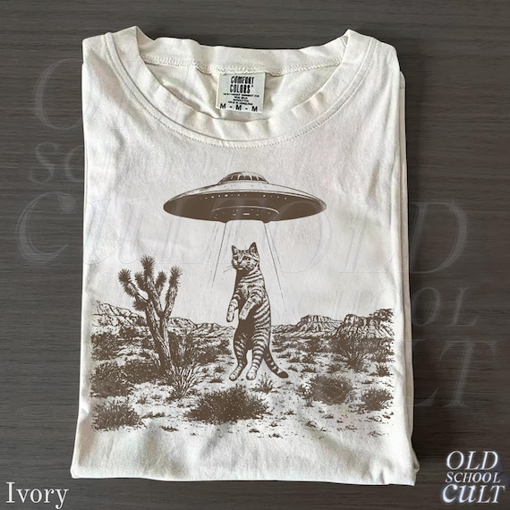 UFO Cat Western T-Shirt, Comfort Colors® Ivory Shirt, Vintage Alien Graphic Tee, Funny Space Cat Top, Retro Sci Fi Gift