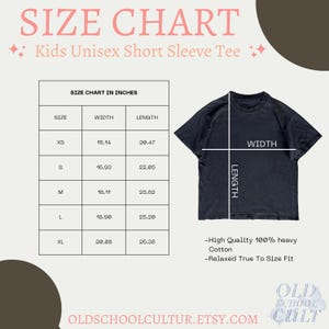 May include: A size chart for Kids Unisex Short Sleeve Tees, with measurements in inches. The chart includes sizes XS to XL, with width and length dimensions. A navy blue t-shirt is shown with width and length indicators. The text reads "High Quality 100% heavy Cotton" and "Relaxed True To Size Fit."