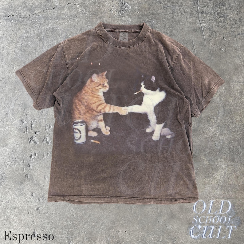 T-shirt graphique chats fumeurs, t-shirt chat vintage poing bosse, chemises Streetwear rétro, haut chaton drôle, t-shirt unisexe surdimensionné avec de la bière fraîche Espresso