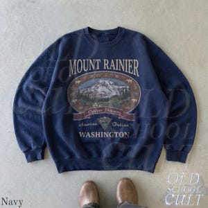 Retro Mount Rainier Washington Sweatshirt, Vintage 90s American Tradition Pacific Northwest Crewneck, Nostalgia Hiking Old School Gift Navy