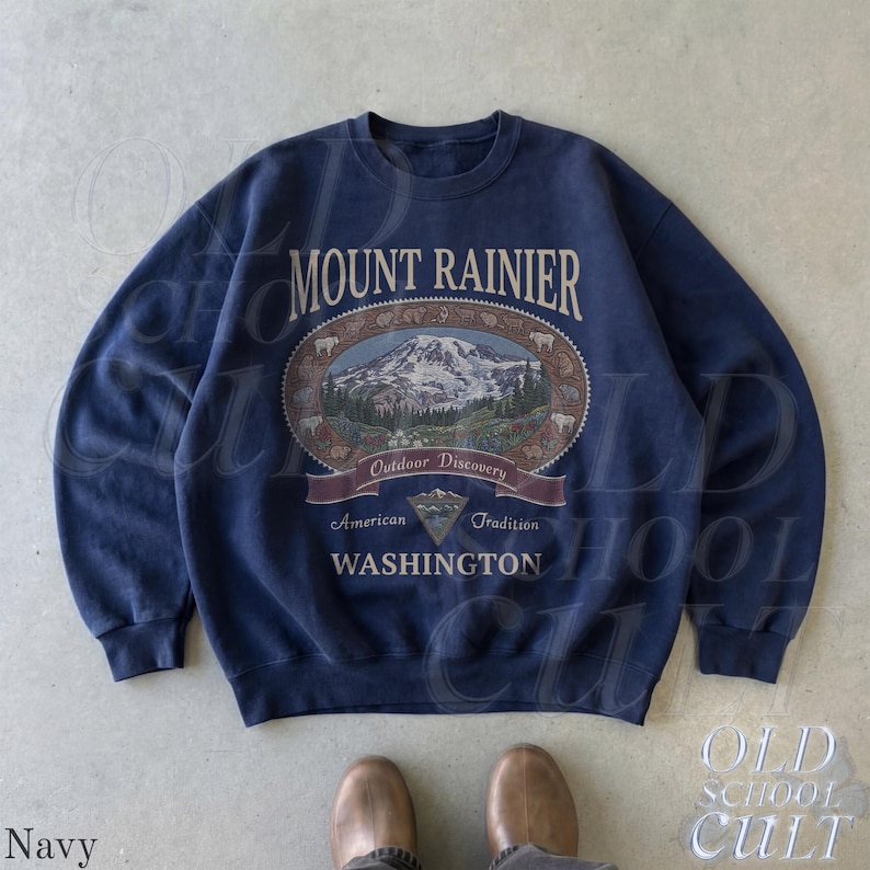 Retro Mount Rainier Washington Sweatshirt, Vintage 90s American Tradition Pacific Northwest Crewneck, Nostalgia Hiking Old School Gift Navy